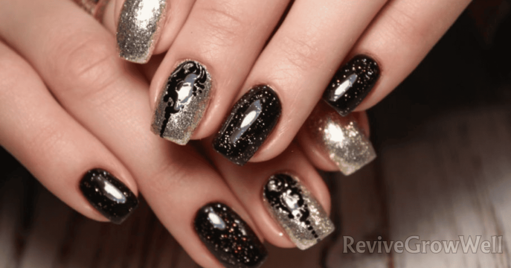 black-nails-with-golden-designs