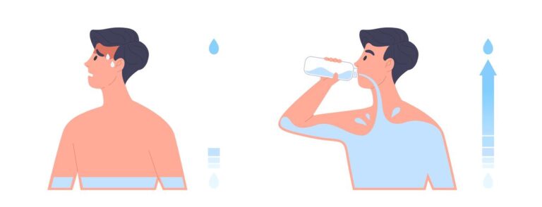 man-showing-dehydrated-body and and drinking water-with-water-scale